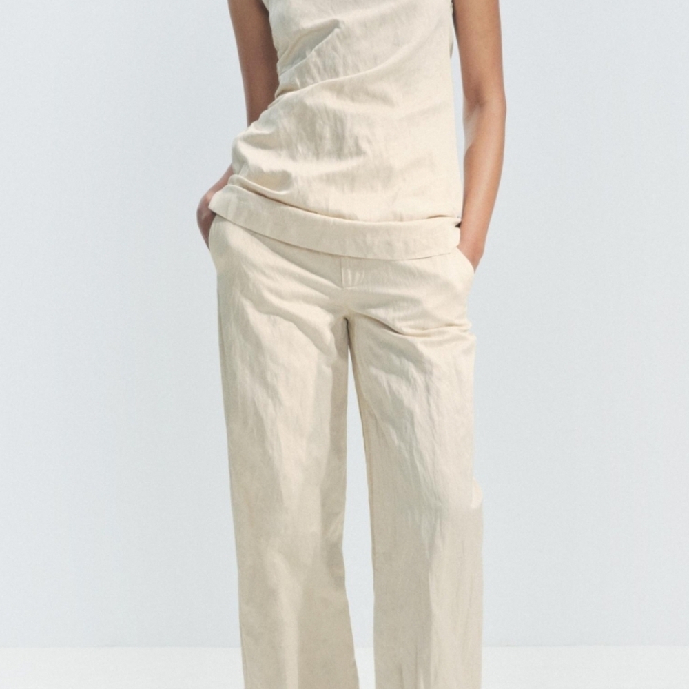 Zara Collection Wrinkle Cream Wide Leg Pants
